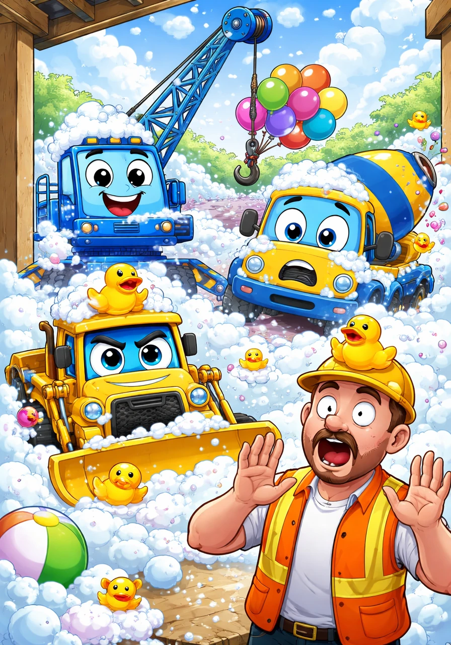 When the Foreman arrived, his jaw dropped at the sight of his heavy machinery playing in a massive bubble bath. He opened his mouth to shout, but a single rubber duck landed perfectly on his hard hat with a loud squeak.