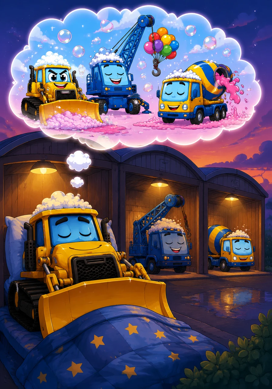 As the sun set, the exhausted trucks were sparkly clean and tucked into their sheds for the night. Buster drifted off to sleep, dreaming of the day the construction crew turned a messy mistake into a bubbly masterpiece.