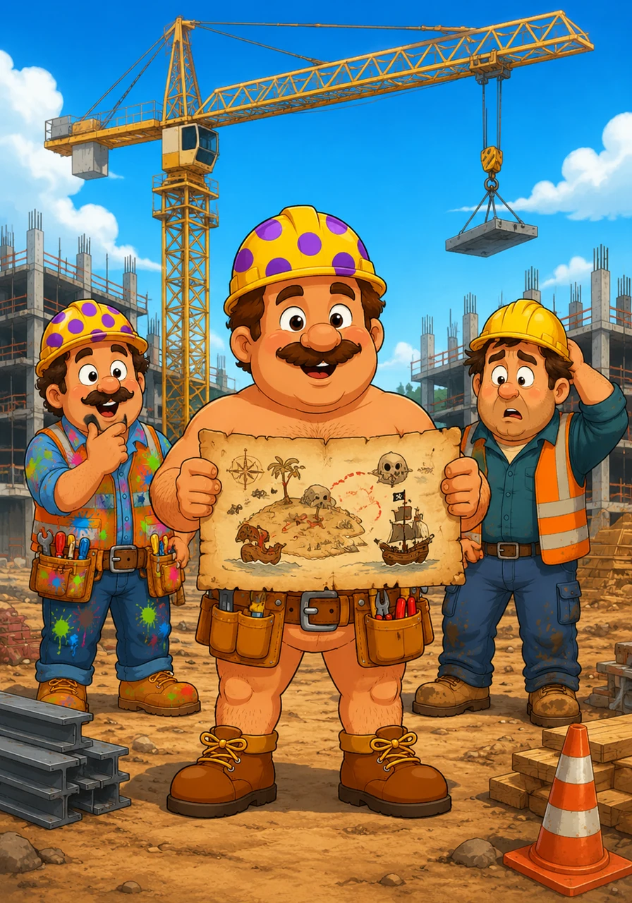 Foreman Fred stands proudly in front of a busy construction site holding a large blueprint that is actually a pirate treasure map. He wears a bright yellow hard hat and a tool belt, while a giant crane looms in the background under a clear blue sky.