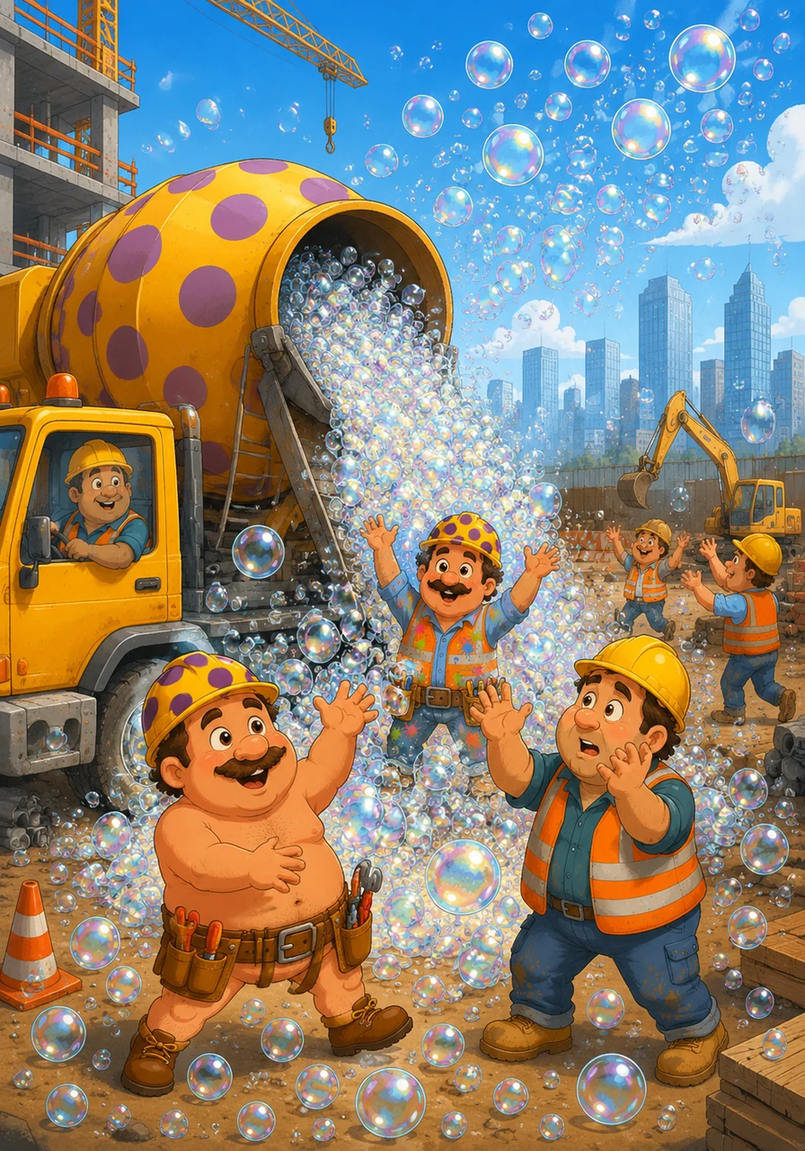 A massive cement mixer overflows with shimmering, iridescent bubbles that fill the entire construction site. Construction workers in orange vests laugh and play as they try to catch the bubbles, which are drifting toward the city skyline like tiny balloons.