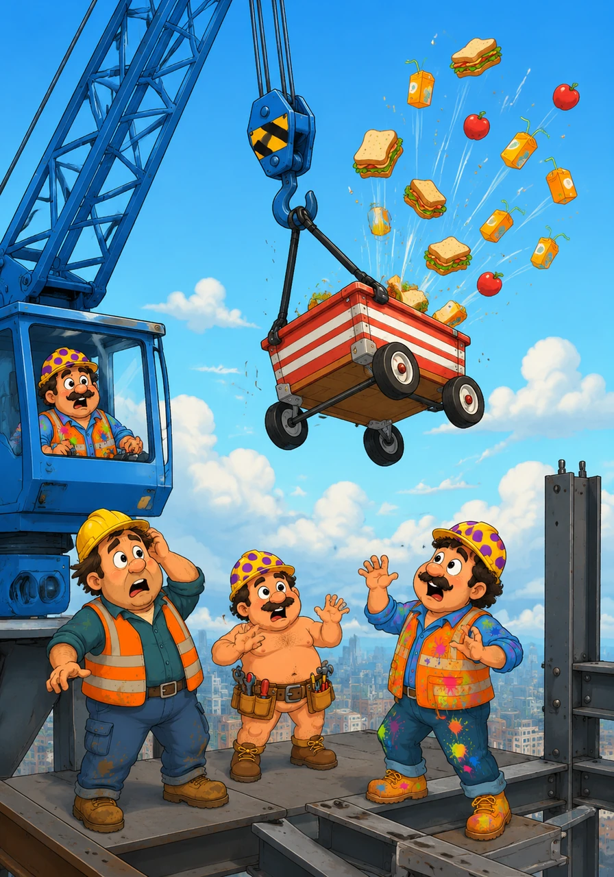 A bright blue crane reaches down and accidentally hooks the handles of a red-and-white striped lunch wagon instead of a steel beam. The entire crew watches in surprise as their sandwiches, apples, and juice boxes soar high above the clouds.