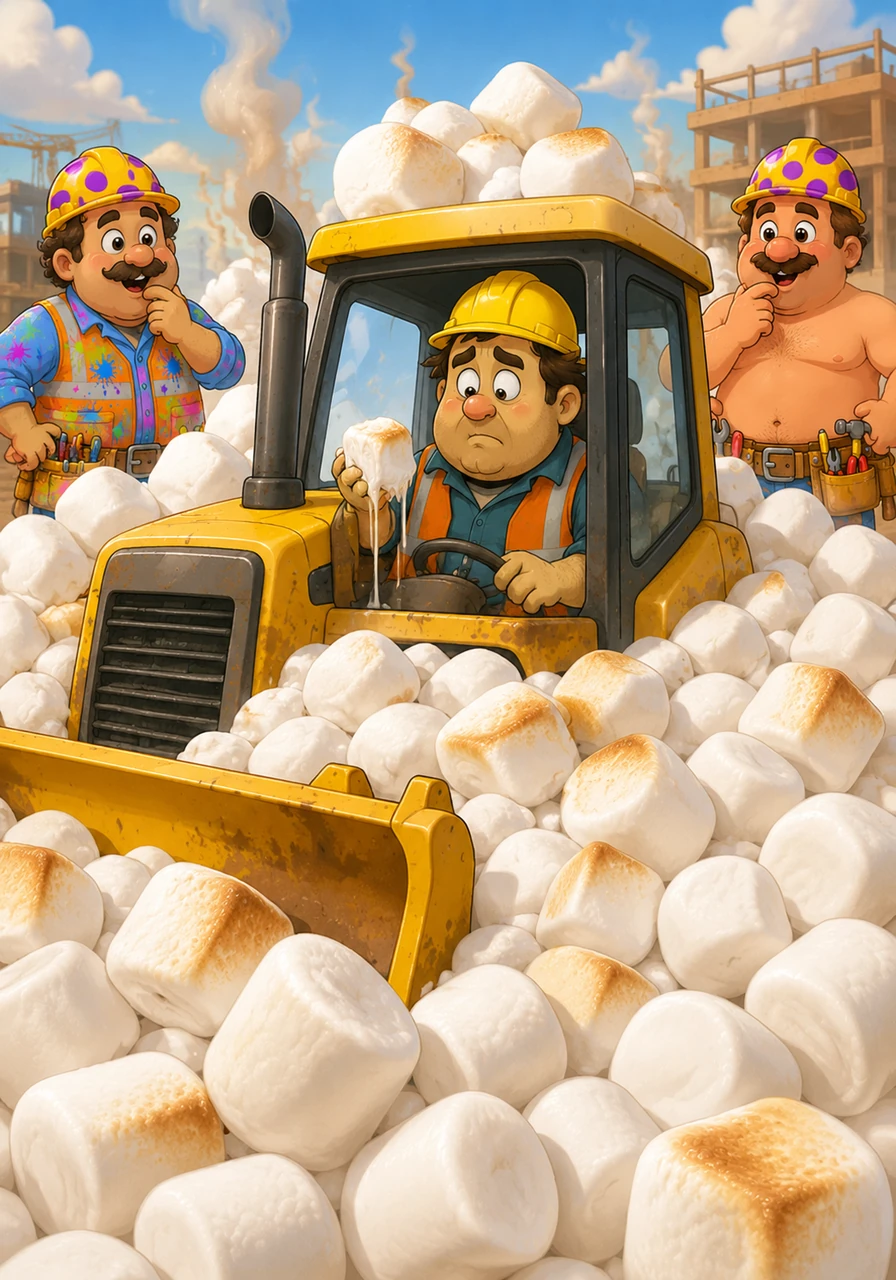 A yellow bulldozer is buried up to its treads in a mountain of giant, white, fluffy marshmallows that were delivered by mistake. The driver looks confused as he holds a sticky marshmallow, and the air around the machine seems to smell like toasted treats.
