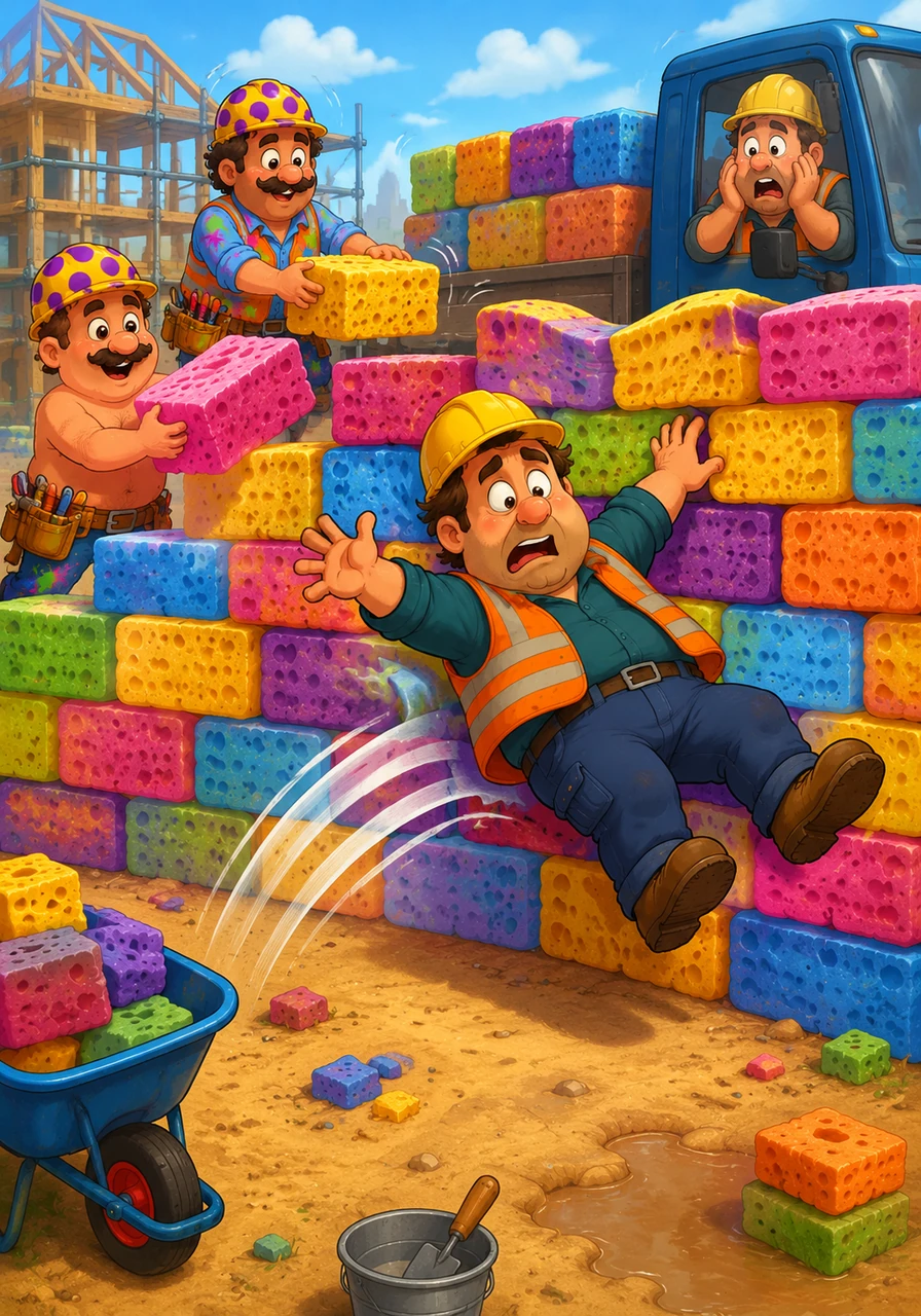 The bricklayers are working fast, but they do not realize the bricks are actually giant, colorful, bouncy sponges. When Foreman Fred tries to lean against the new wall, he bounces right across the yard like a rubber ball while the wall wobbles.
