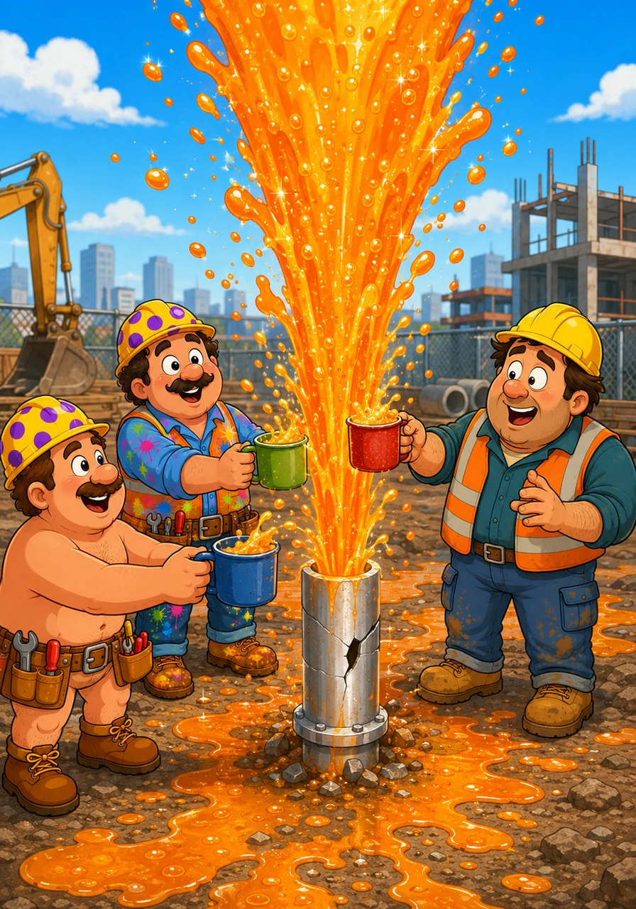 A silver pipe bursts open at the center of the site, spraying a sparkling fountain of bright orange soda high into the air. Workers are holding out their coffee mugs to catch the fizzy drink, and the ground is covered in sweet, orange puddles.