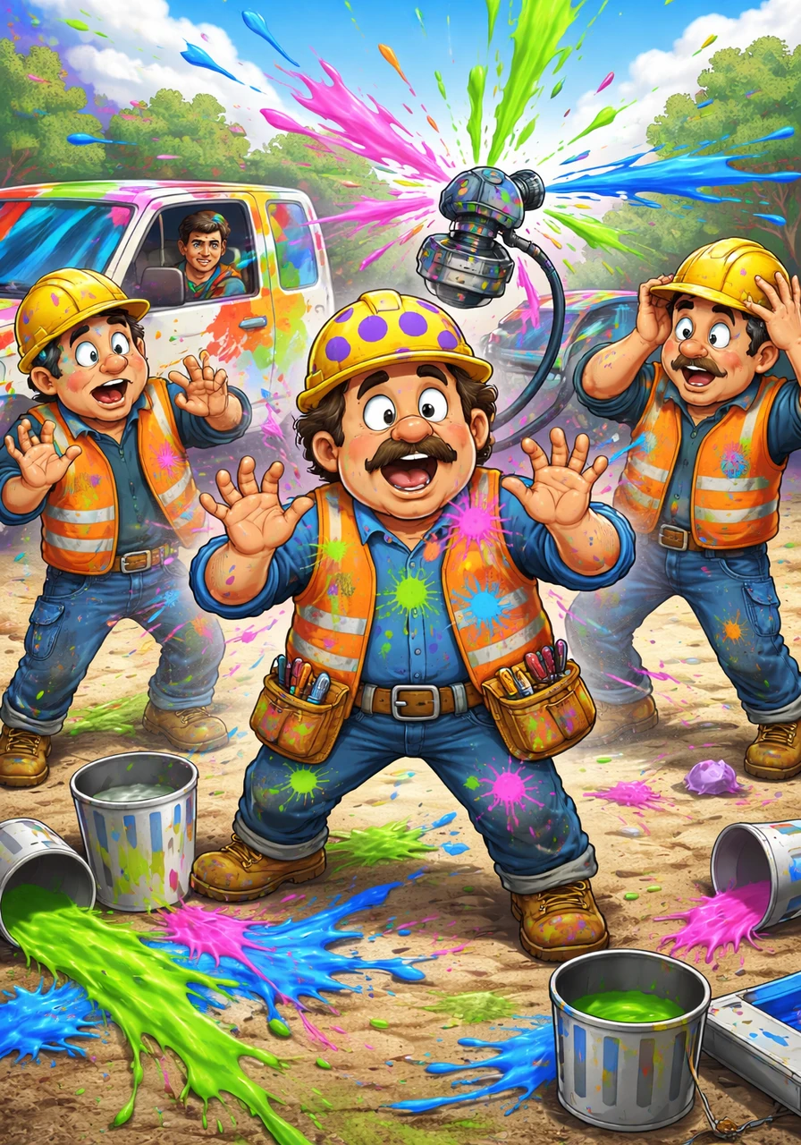 An automatic paint sprayer gets a mind of its own and starts spinning in wild circles, splashing neon pink, green, and blue paint everywhere. Foreman Fred’s yellow hat is now covered in purple polka dots, and a nearby truck has bright rainbow stripes.