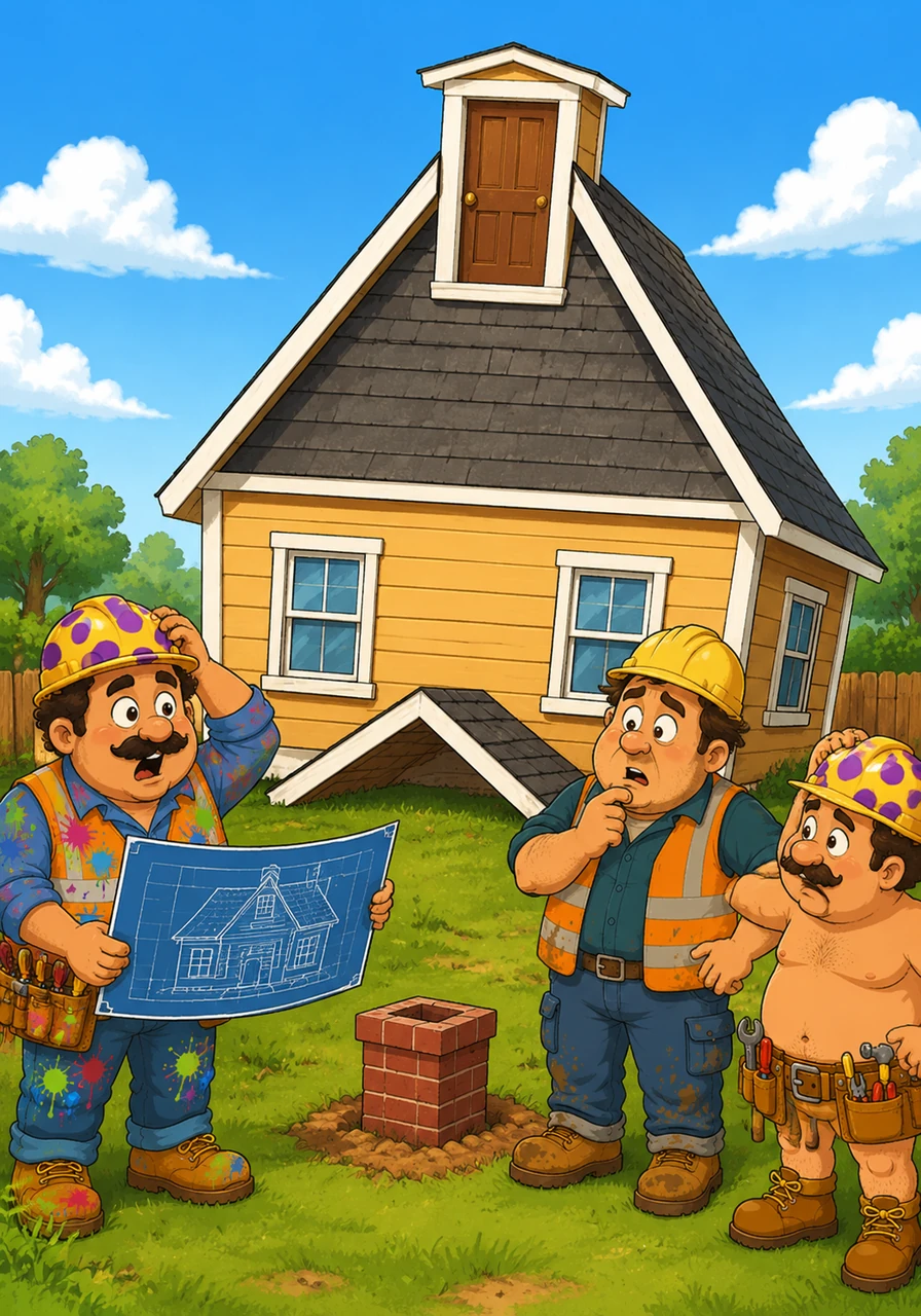 The team looks at the house they just finished and realizes they have been holding the blueprints upside down the whole time. The front door is now located on the very peak of the roof, and the chimney is poking out from the grass.
