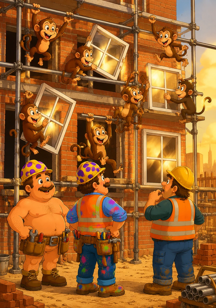 A troop of curious monkeys from the nearby zoo arrives to help out and begins swinging from the metal scaffolding. They use the steel pipes as monkey bars and start hanging the windows at silly angles that reflect the golden afternoon sun.