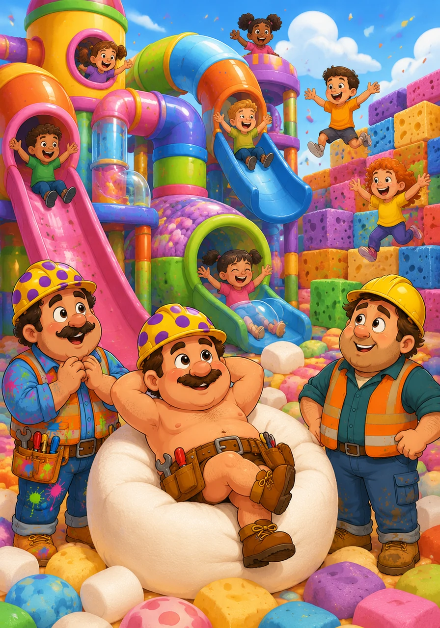The chaotic construction site has been transformed into the world’s most magnificent and colorful playground. Children are sliding down the pipes and jumping on the sponge walls while Foreman Fred sits on a marshmallow, smiling at his accidental masterpiece.
