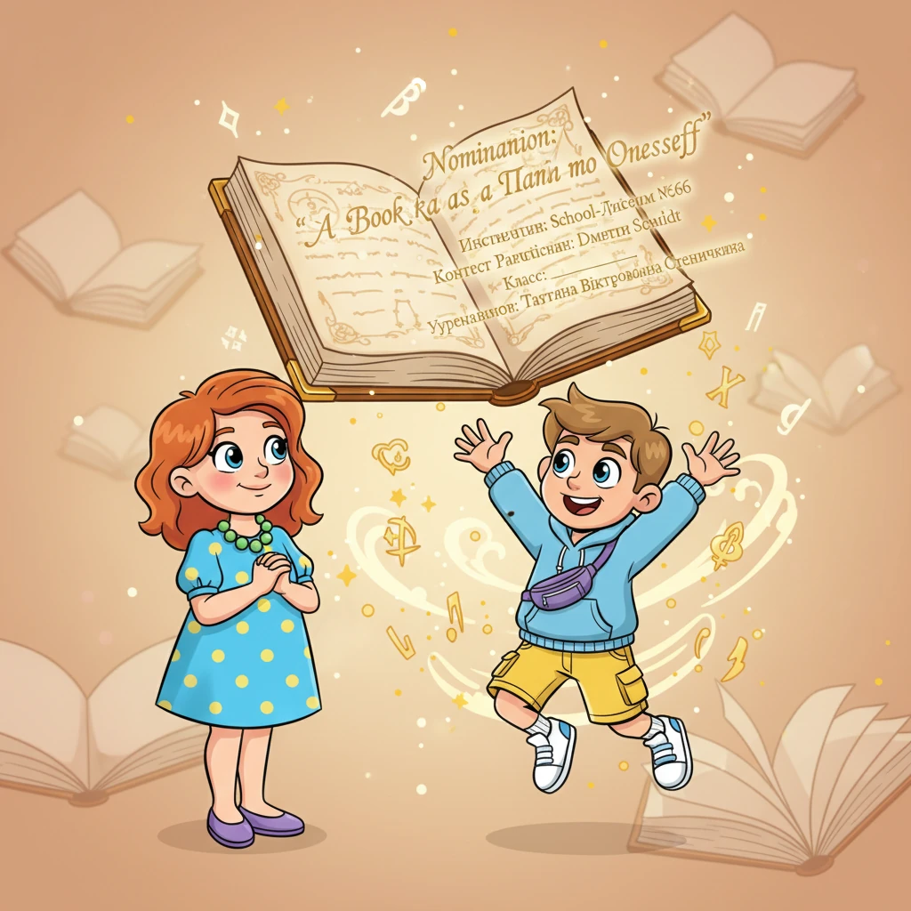 A soft, luminous background of gently shifting book pages fills the screen. A beautifully illustrated, open book materializes, its pages softly turning. Elegant, animated text appears: Nomination: "A Book as a Path to Oneself"; Institution: School-Lyceum №66; Contest Participant: Dmitri Schmidt; Class: ___ (placeholder); Supervisor: Tatyana Viktorovna Stenichkina. Calm, inspiring music plays softly in the background.