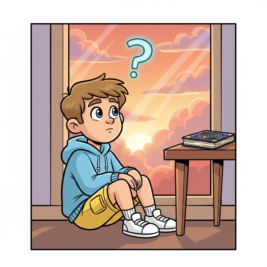 Dmitri, a thoughtful teenager with expressive eyes, sits by his window as a warm, painterly sunset casts soft hues across his room. He gazes out, a faint sense of searching in his posture, a question mark seemingly floating above his head. On his desk, a beautifully bound book lies, its cover inviting and mysterious.