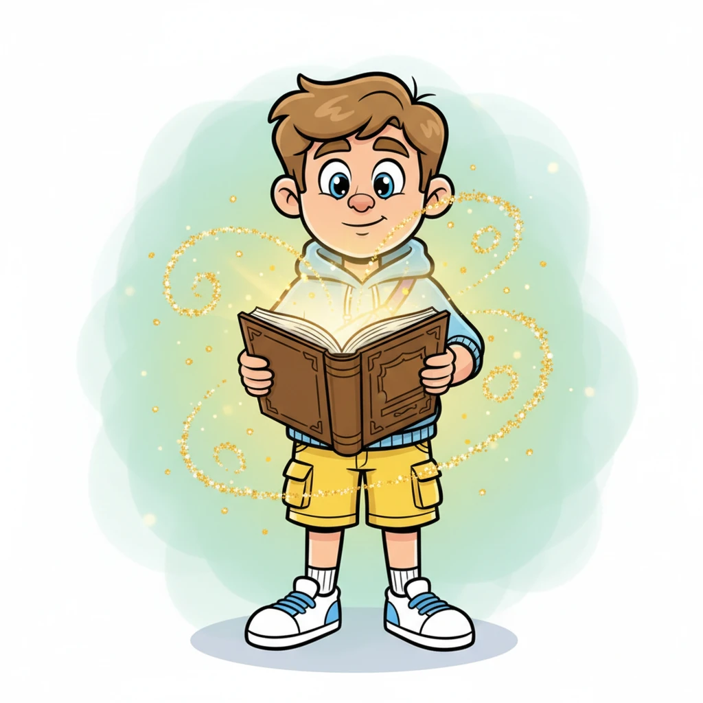 With a gentle sigh, Dmitri reaches for the book, his fingers brushing its cover. As he slowly opens it, a soft, golden light emanates from between the pages, growing steadily brighter. Playful, shimmering particles of light dance around him, swirling like tiny fireflies, hinting at magic about to unfold.