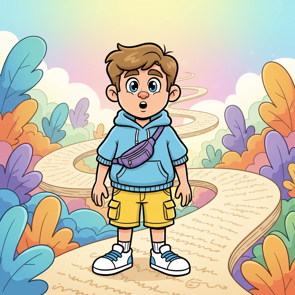 Suddenly, Dmitri finds himself standing on a fantastical path, intricately woven from giant, unfurling book pages that curve and spiral into the distance. The landscape around him is a whimsical blend of vibrant colors and soft light. He looks around, his eyes wide with a mix of awe and wonder, taking his first tentative steps onto the parchment road.