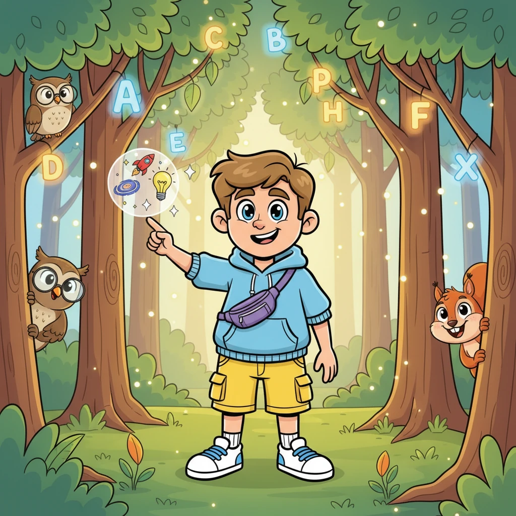 He ventures deeper, entering a vibrant 'Forest of Knowledge' where trees boast glowing leaves shaped like letters and symbols from various languages. Curious, stylized creatures like wise-eyed owls and mischievous squirrels peek from behind the shimmering trunks. Dmitri reaches out to touch a glowing leaf, and a small, sparkling 'idea bubble' briefly appears above his head, filled with tiny, joyful images.