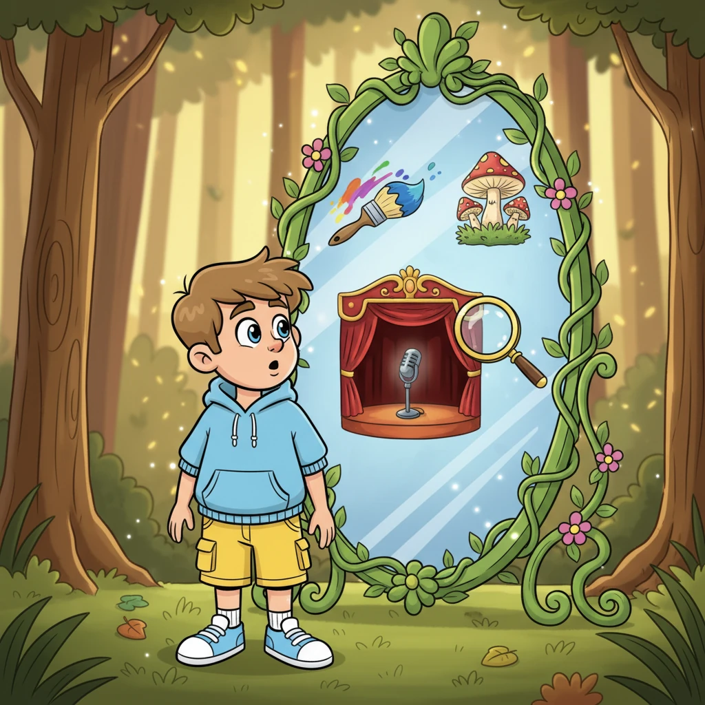 The path leads him to a serene clearing where a towering, shimmering mirror stands, framed by whimsical, twisting vines. Instead of his direct reflection, the mirror shows fleeting, vibrant images of various talents and passions: a paintbrush swishing, a tiny stage curtain rising, a magnifying glass revealing hidden wonders. Dmitri watches, his expression shifting from curiosity to budding intrigue.