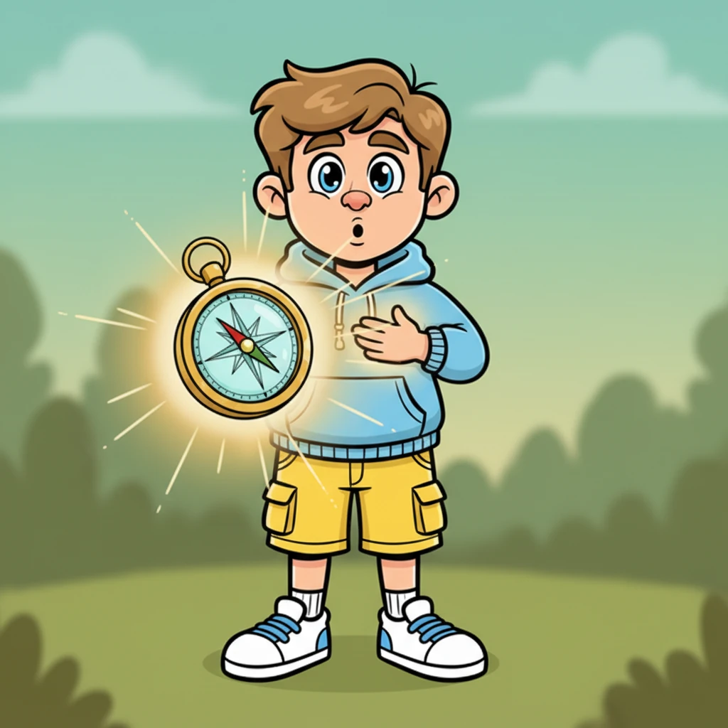 A whimsical, glowing compass materializes, floating gently in front of Dmitri. It spins playfully, its needle dancing, before settling and pointing directly at his chest, emitting a soft, warm glow. He places a hand over his heart, a look of dawning understanding and gentle surprise spreading across his face as he feels a resonance.