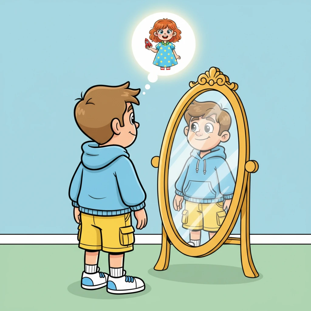 Dmitri turns back to the shimmering mirror, and this time, his reflection is clear and bright, radiating a newfound confidence and a serene, peaceful smile. The 'idea bubble' above his head now glows steadily, showing a clear, joyful image of his true self, vibrant and full of potential. He beams, a genuine, happy smile lighting up his face.