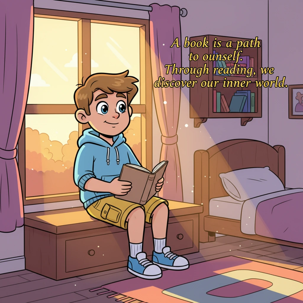 Dmitri is back in his room, sitting by the window, the last rays of sunset casting a golden glow. He gently closes the book, a profound sense of peace and understanding etched on his face. His eyes, once thoughtful and searching, now sparkle with newfound clarity and a calm, quiet confidence. Beautifully animated text appears: "A book is a path to oneself. Through reading, we discover our inner world."