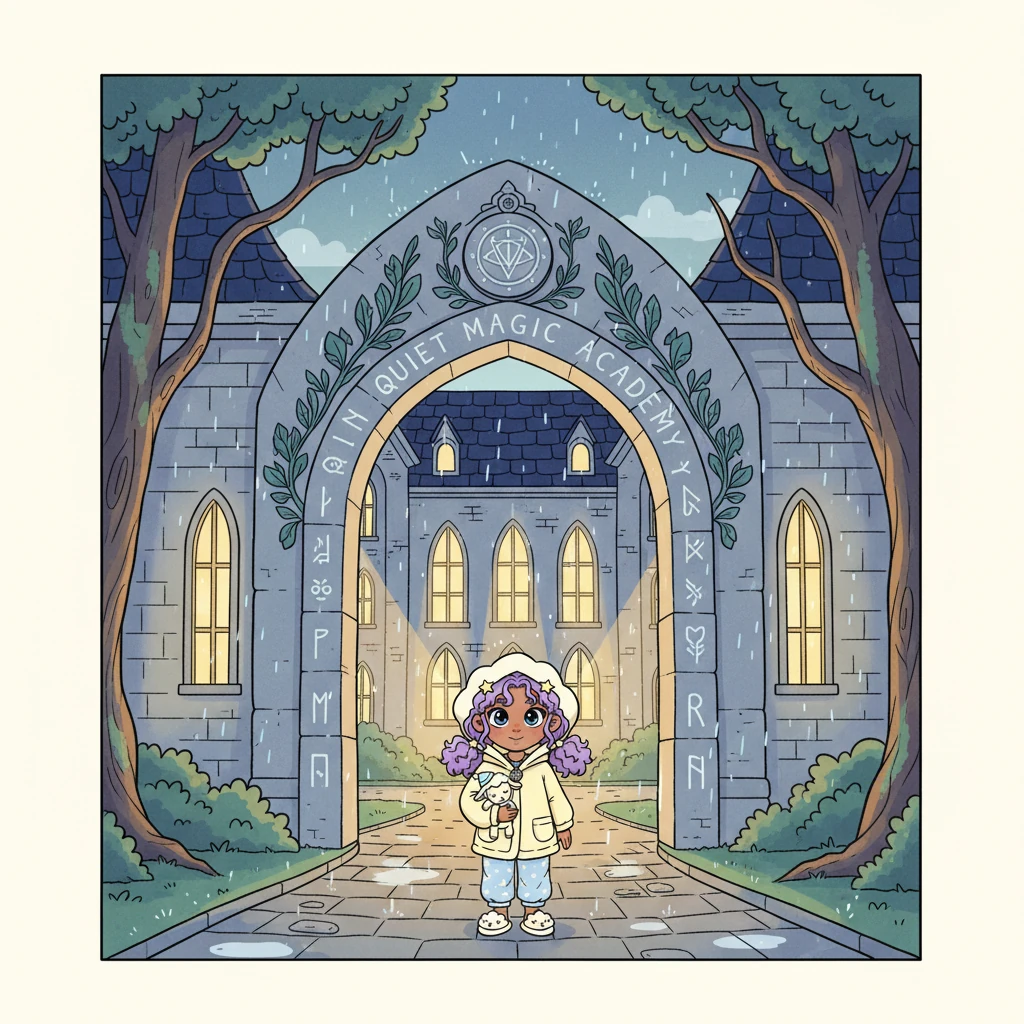 You arrive at the grand, welcoming archway of the Quiet Magic Academy, the soft evening rain gently misting around you. Warm, golden light spills from the tall arched windows, beckoning you inside. A sense of deep peace settles over you, washing away any lingering thoughts of the day.