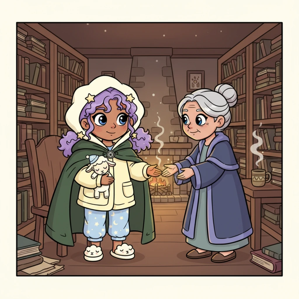 Inside, the air is warm and dry, fragrant with old parchment and gentle woodsmoke, as you carefully remove your travel cloak. A kindly, soft-spoken figure greets you with a comforting smile, making you feel instantly safe and profoundly welcome. You feel the gentle warmth seep into your fingers and toes, dispelling the chill of the night.