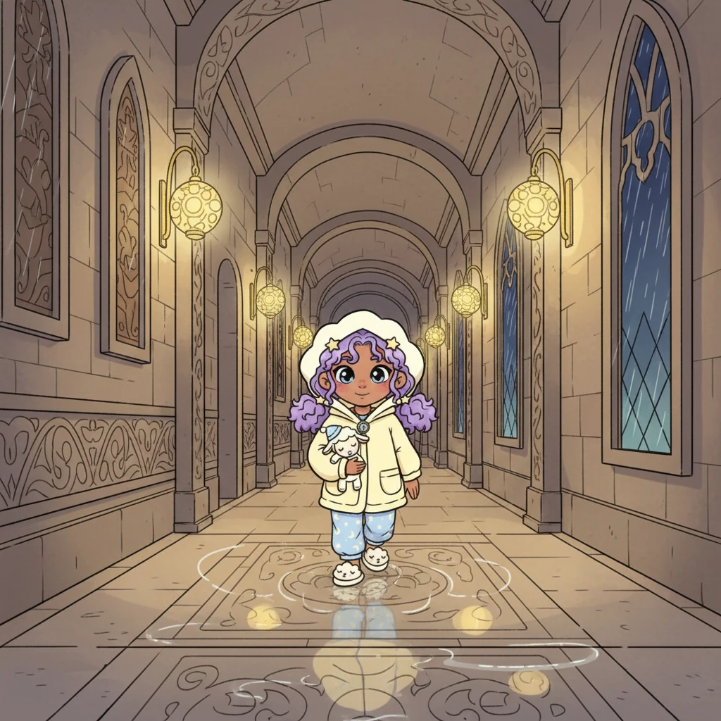 You are softly guided down a long, quiet stone hallway, where enchanted lanterns glow with a steady, tranquil light. Your footsteps are soft upon the smooth floor, echoing only the gentle patter of rain outside. You notice the ancient, comforting patterns carved into the stone, feeling a sense of timeless calm.