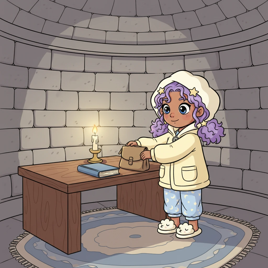 Your cozy sleeping chamber welcomes you with its gentle warmth, stone walls embracing you like a soft hug. You place your small bag on a sturdy wooden desk, where a closed book rests quietly, waiting for morning. The soft candlelight flickers, creating dancing shadows that are quiet and still.