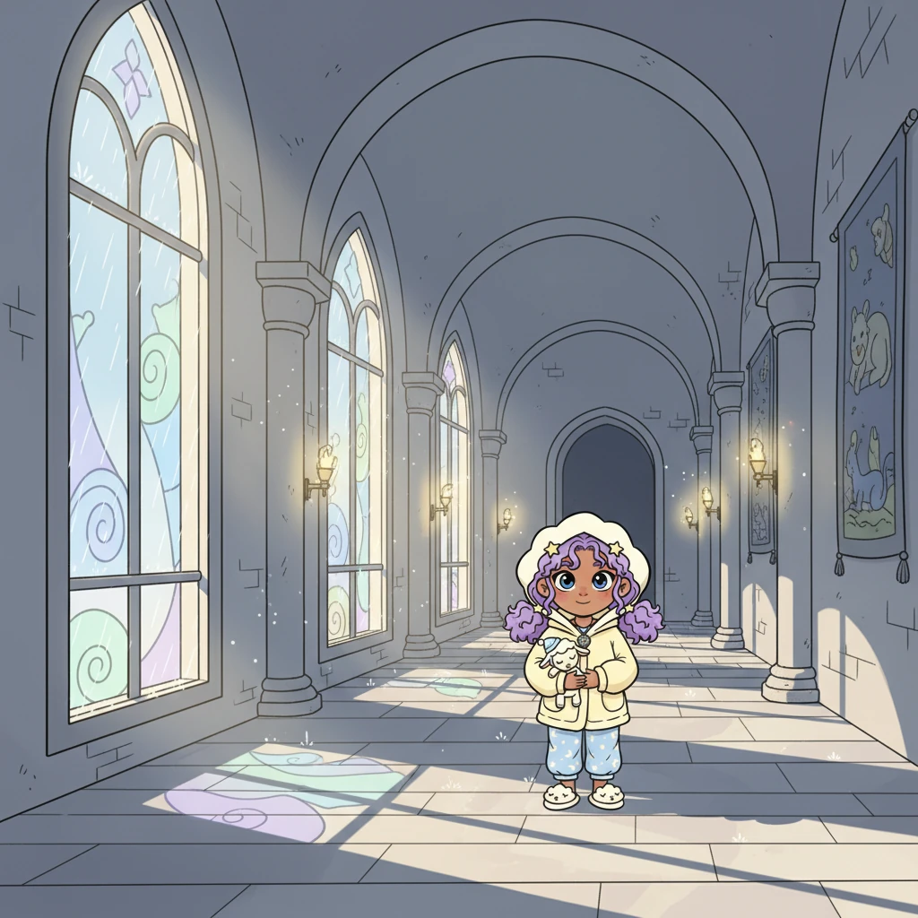 A quiet curiosity gently stirs within you, inviting you to explore the academy's sleeping halls just a little more. You step back into the corridor, moving slowly and peacefully, your senses attuned to the subtle magic all around. The rain continues its soft lullaby against the tall arched windows, a constant, comforting sound.