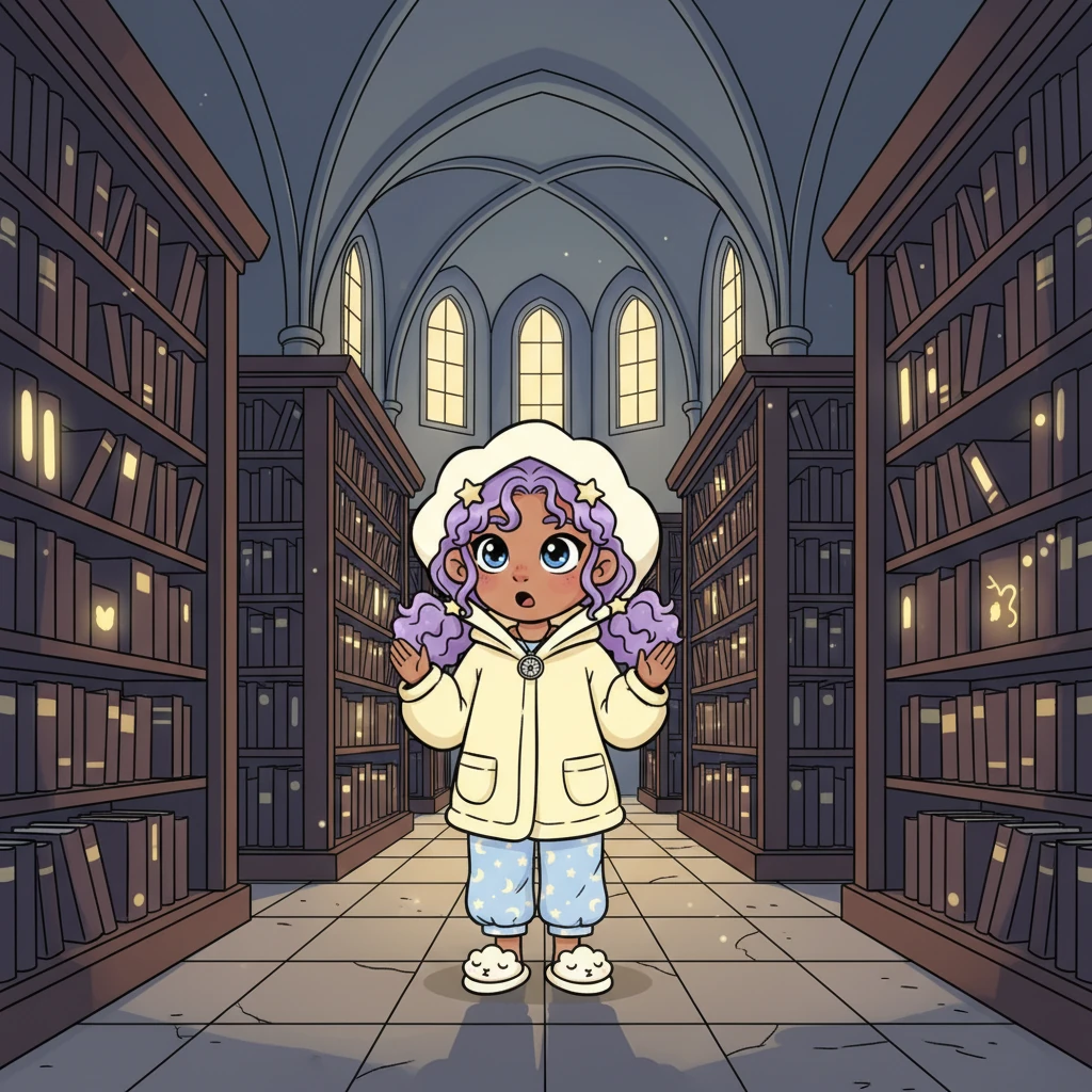 You find yourself at the entrance to the quiet library, its tall shelves reaching towards the high, vaulted ceiling. Ancient spellbooks rest undisturbed, their spines glowing faintly with a gentle, inner light. The air here is still and hushed, filled with the wisdom of ages, offering nothing you need to do, nothing you need to think about.