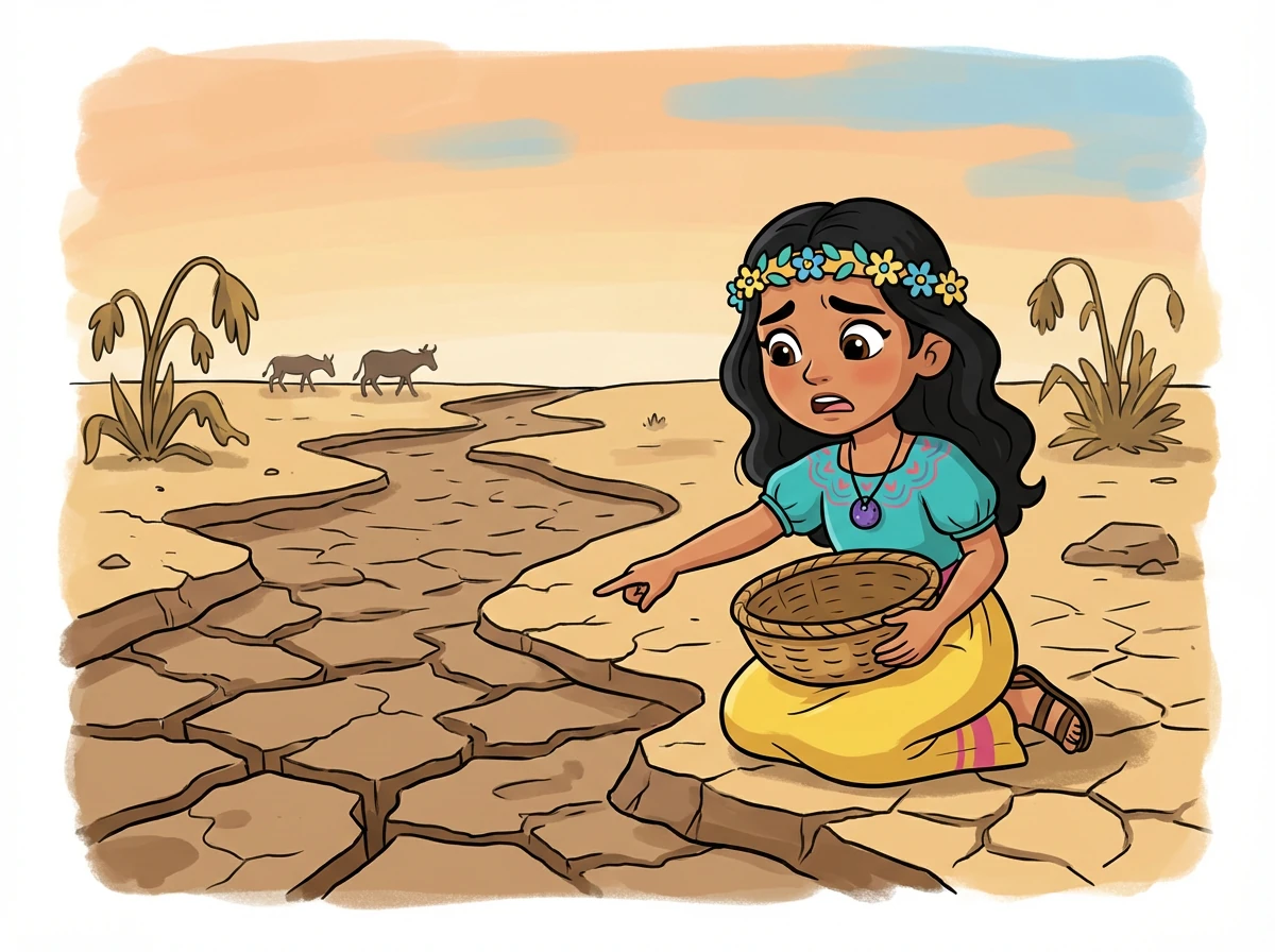 Un día, una terrible sequía azotó la tribu. El agua escaseaba y los animales se alejaban en busca de pastos verdes. La anciana sabia de la tribu, preocupada, buscó una solución para salvar a su gente.