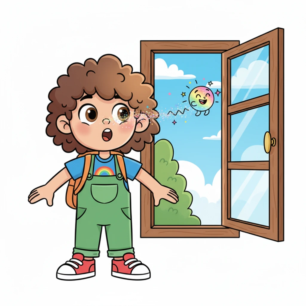 Suddenly, a tiny, glowing orb, his idea-sprite, zipped past his nose with a mischievous giggle! It was no bigger than a firefly, shimmering with all the colors of the rainbow. With a playful wiggle, it darted straight out the open window, leaving a trail of sparkling dust.