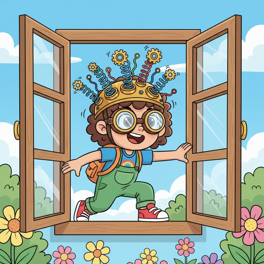 Pip gasped, then a determined grin spread across his face. He quickly strapped on his goggles and a magnificent, spring-loaded thinking cap, ready for action. Without a second thought, he scrambled out the window, eager to retrieve his runaway inspiration.