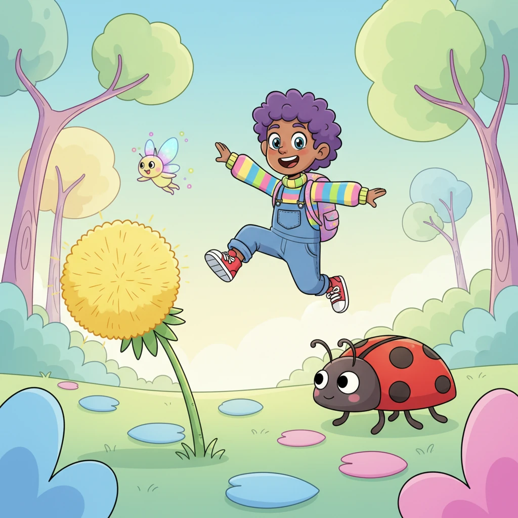 The idea-sprite led Pip on a merry chase through a fantastical garden filled with oversized, wobbly flowers and trees that swayed to an unheard melody. Pip bounced over giant dandelions and dodged enormous, friendly ladybugs, his legs pumping with joyful energy.