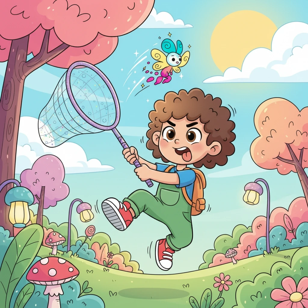 Pip pulled out a sparkly butterfly net, hoping to gently scoop up his elusive idea. But the sprite was far too quick, zipping and zapping through the air, just out of reach. Pip swung his net with exaggerated effort, his tongue sticking out in concentration.