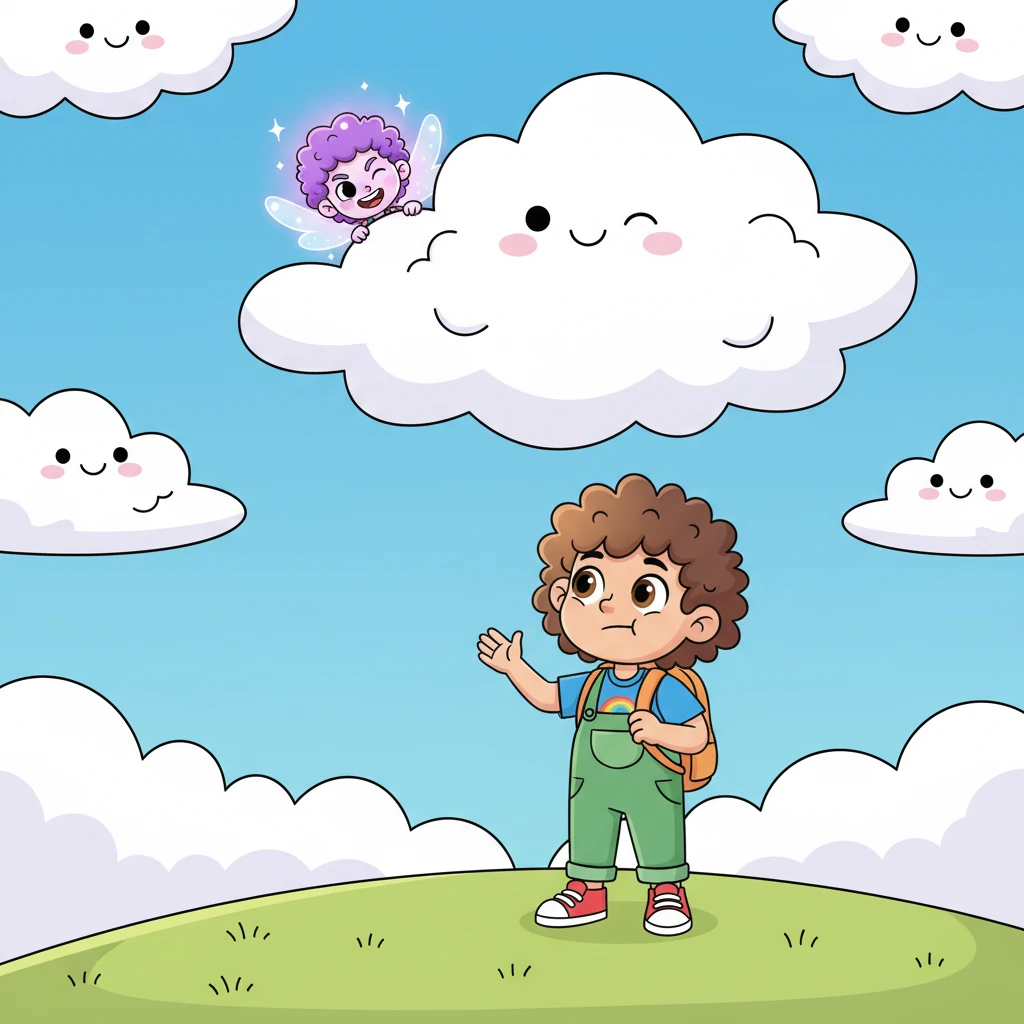 The mischievous idea-sprite then soared higher, playfully hiding among a flock of fluffy, smiling clouds. It peeked out from behind a particularly plump cloud, winking at Pip, who looked up with a mix of awe and playful frustration.