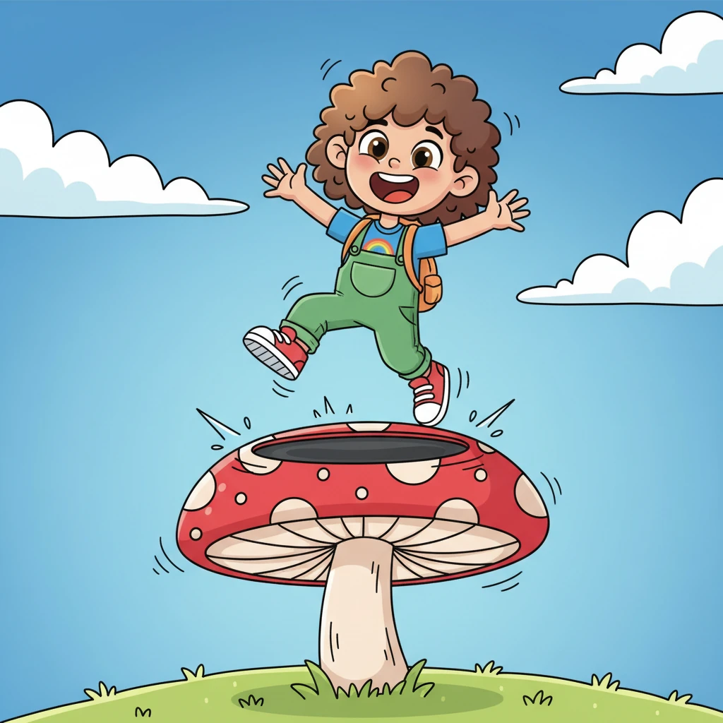 Not one to give up, Pip spotted a giant, bouncy mushroom with a trampoline-like cap. With a running start, he launched himself onto it, springing higher and higher towards the cloud kingdom. His arms flailed comically as he bounced with exaggerated glee.
