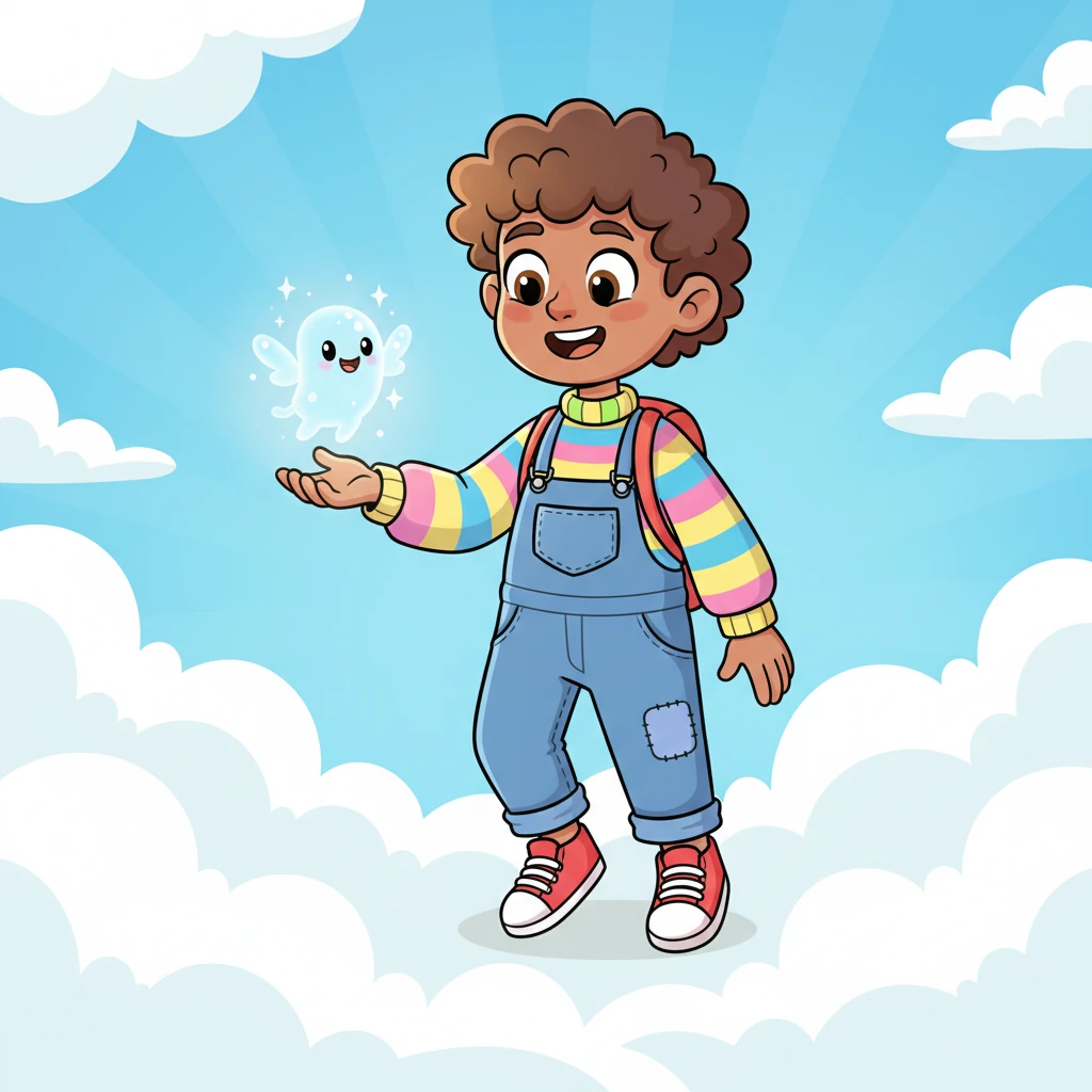 Finally, Pip reached the clouds, his hand outstretched gently. He didn't try to catch the idea-sprite; instead, he offered a warm, welcoming smile. The little sprite, sensing his friendly intent, twinkled happily and floated right into Pip's open palm, glowing softly.