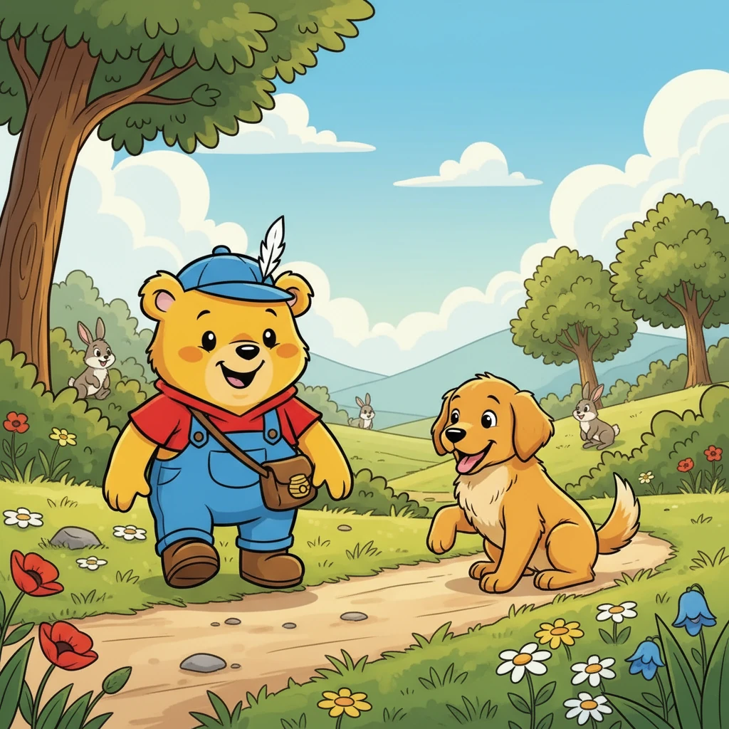 Winnie, with bright eyes and a curious grin, wobbled on her little legs. The world was a brand new adventure, full of exciting things to see and touch. A fluffy, playful puppy wagged its tail, inviting Winnie to come closer.