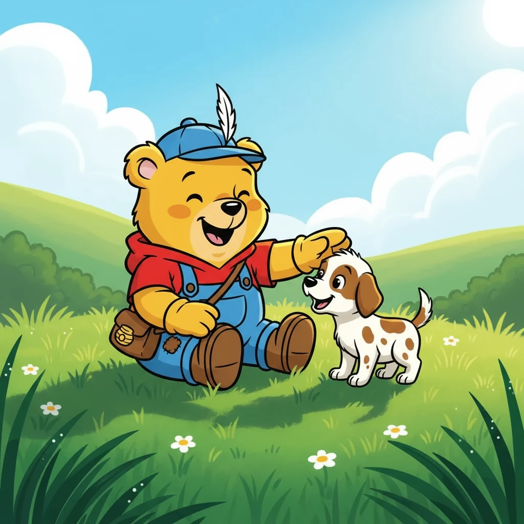 The puppy, whose name was Patches, sniffed Winnie's tiny hand. Winnie giggled, reaching out to gently pat Patches' soft fur. The sun shone warmly, making the grass sparkle like a field of emeralds.