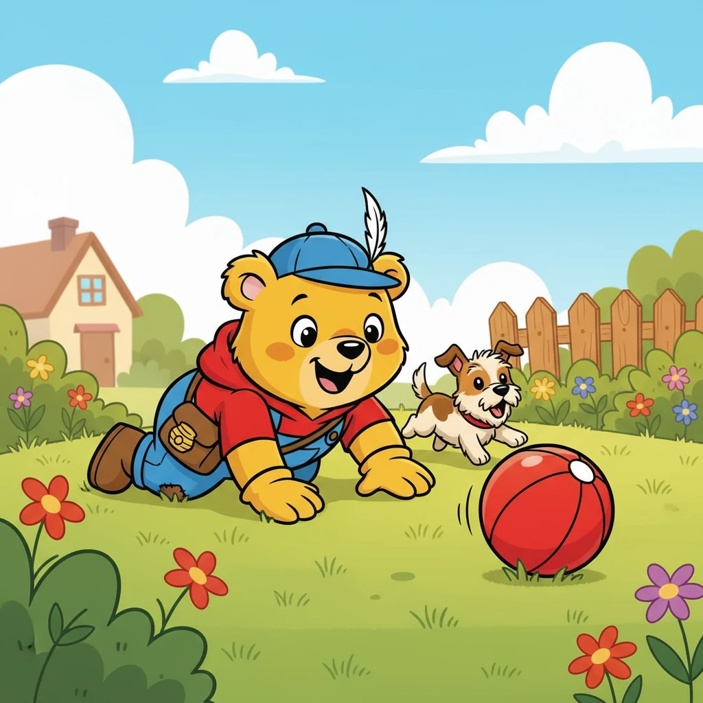 Suddenly, a big, red ball bounced into view! Winnie's eyes widened with delight. She crawled towards it, giggling with excitement. Patches barked happily, joining in the fun.