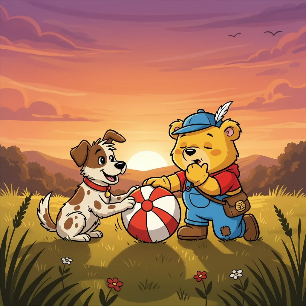 Rolling the ball back and forth with Patches became the best game ever. Winnie and Patches played until the sun began to set, painting the sky with orange and purple hues. Winnie yawned.