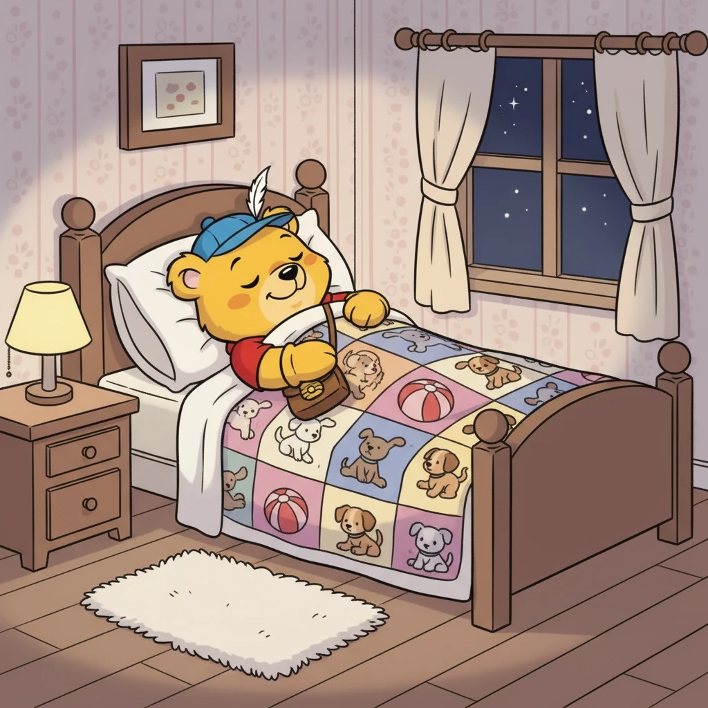 Snuggled in her cozy bed, Winnie dreamt of puppies and red balls. She smiled, remembering the fun she had. Tomorrow, a new day and new adventures awaited, but tonight, it was time for sweet dreams.