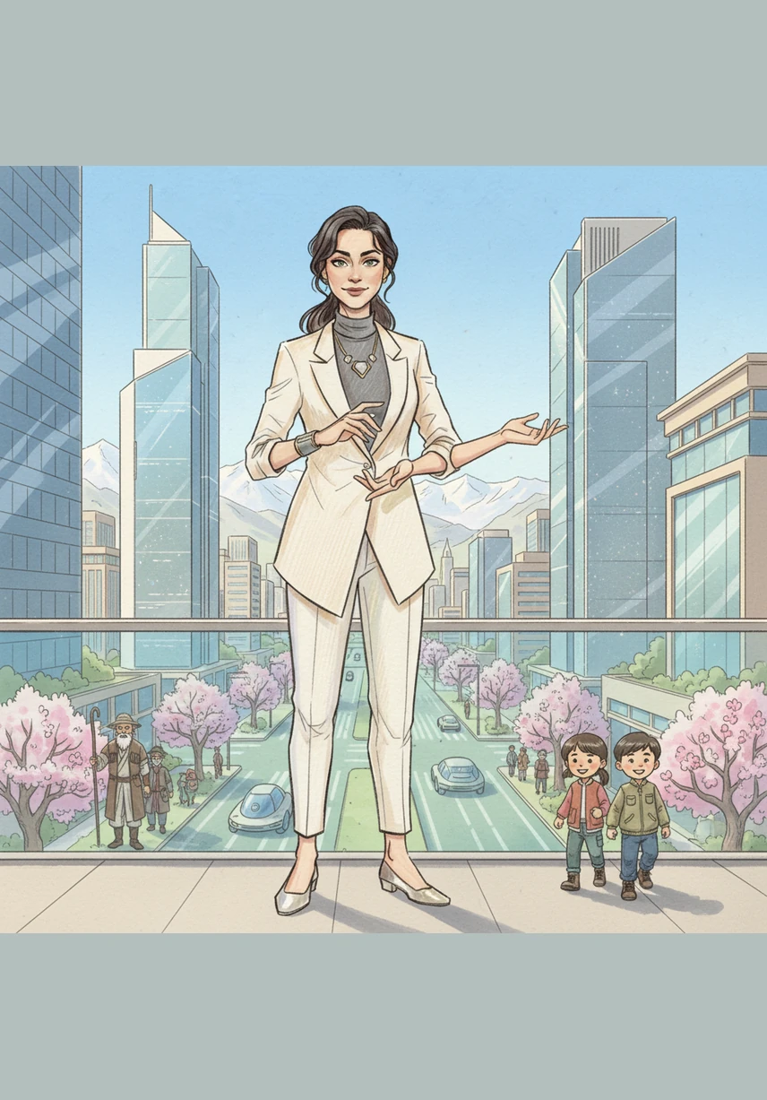 Aruuke stands on a balcony overlooking the sparkling skyline of Bishkek, where glass skyscrapers mirror the snowy peaks of the Ala-Too mountains. Sleek, silent electric vehicles glide through green streets lined with blooming apricot trees. The city hums with the energy of a nation that has embraced the future while honoring its roots.