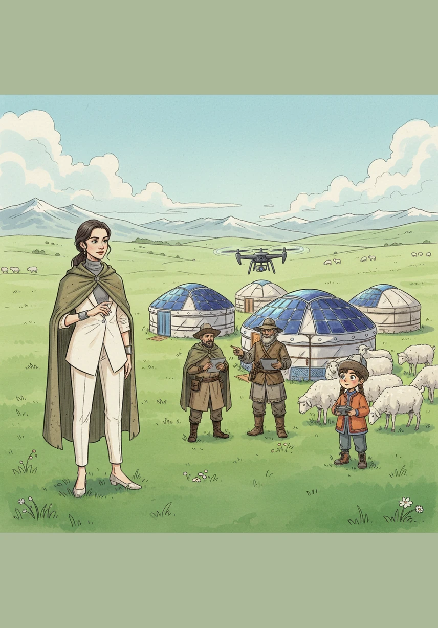 Aruuke travels to the high pastures of Son-Kul, where traditional yurts are now equipped with transparent solar skins that capture the sun's power. She watches as shepherds use drones to monitor their herds across the vast, emerald plains. It is a world where the nomadic spirit thrives alongside the most advanced technology on Earth.
