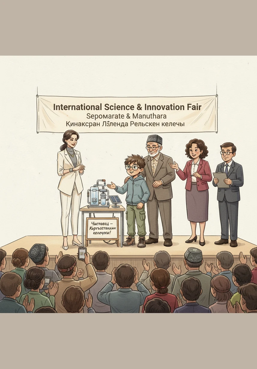 Aruuke represents her country at an international summit held in a stunning glass pavilion overlooking the mountains. Leaders from across the globe gather here to learn about Kyrgyzstan's successful transition to a one hundred percent renewable energy economy. The small nation in the heart of Central Asia has become a giant in the eyes of the world.