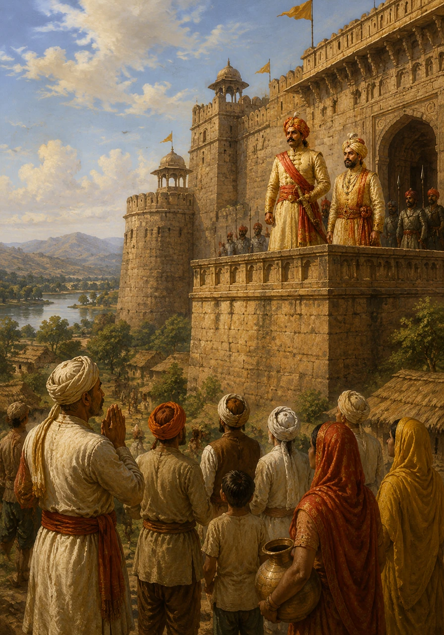 Long ago, during the golden era of the Mughal Empire, a majestic stone fort stood tall near a peaceful Indian village. The villagers looked up at its high walls with pride, knowing it was the home of a legendary hero who protected their land.