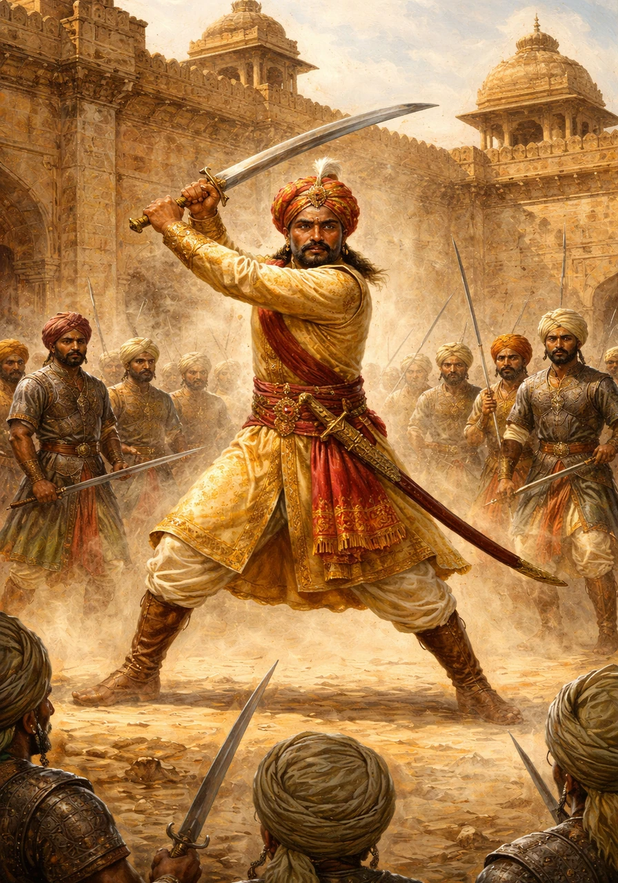 Inside the fort lived Veer Pratap, a commander known for his unmatched skill and unwavering spirit. He spent his days training his soldiers with a heavy sword, preparing them to protect the kingdom from any threat.