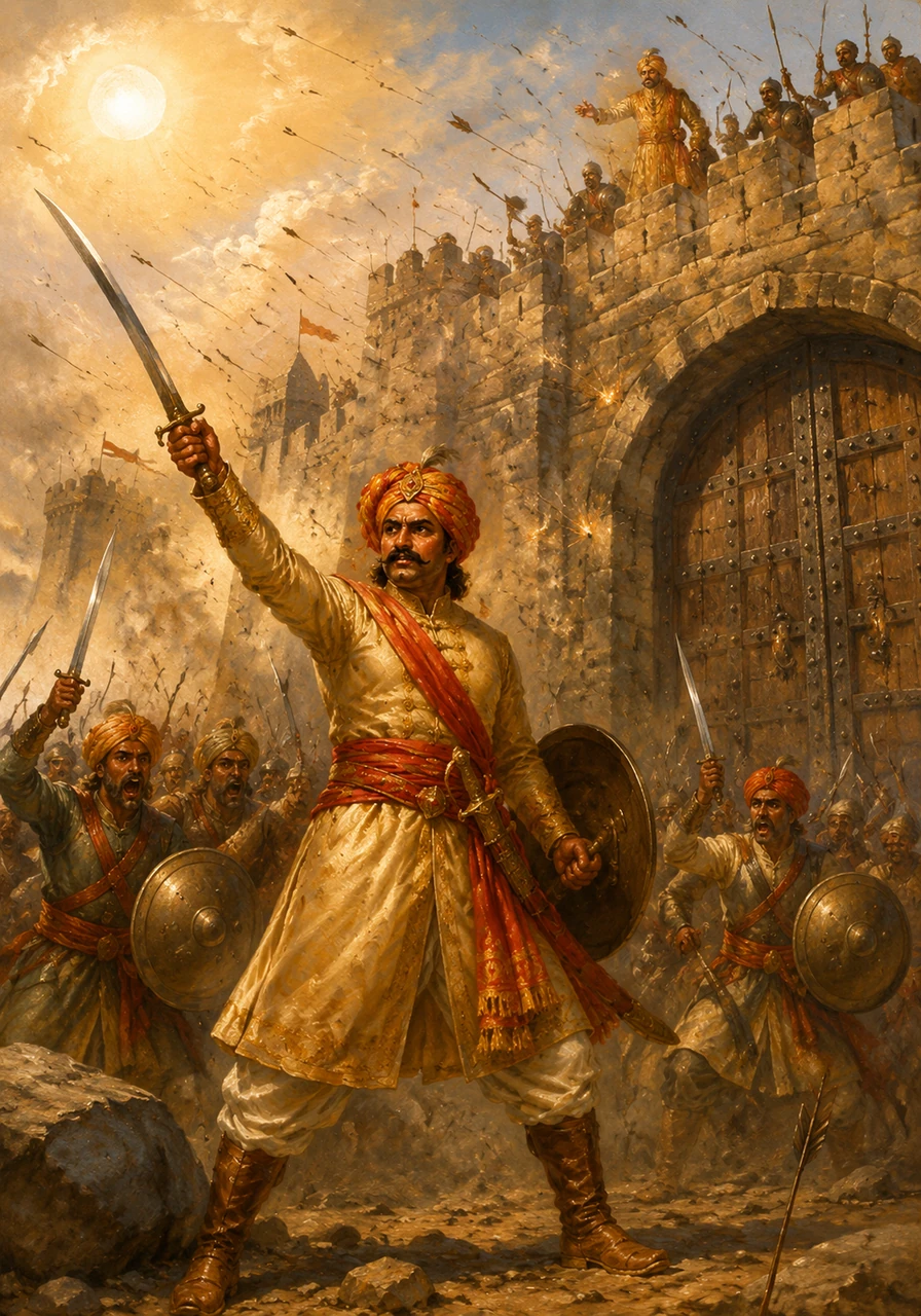 For many days, the battle raged fiercely under the blazing sun, with arrows flying like rain against the stone ramparts. Veer Pratap led his small but determined army from the front, refusing to let the enemy breach the heavy iron gates.