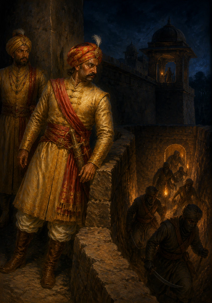 Under the cover of a moonless night, the enemies discovered a hidden, narrow passage leading deep into the heart of the fort. Veer Pratap, ever watchful, noticed a strange movement near the shadows and realized the treachery unfolding.