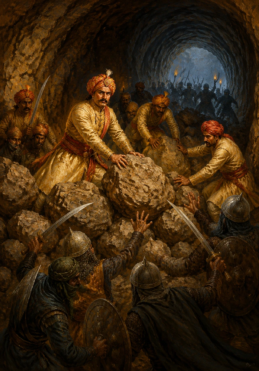 With a handful of his bravest men, Veer Pratap rushed to the secret tunnel and blocked the path with heavy stones. They fought back the intruders in the darkness, forcing the entire enemy army to retreat in total defeat.