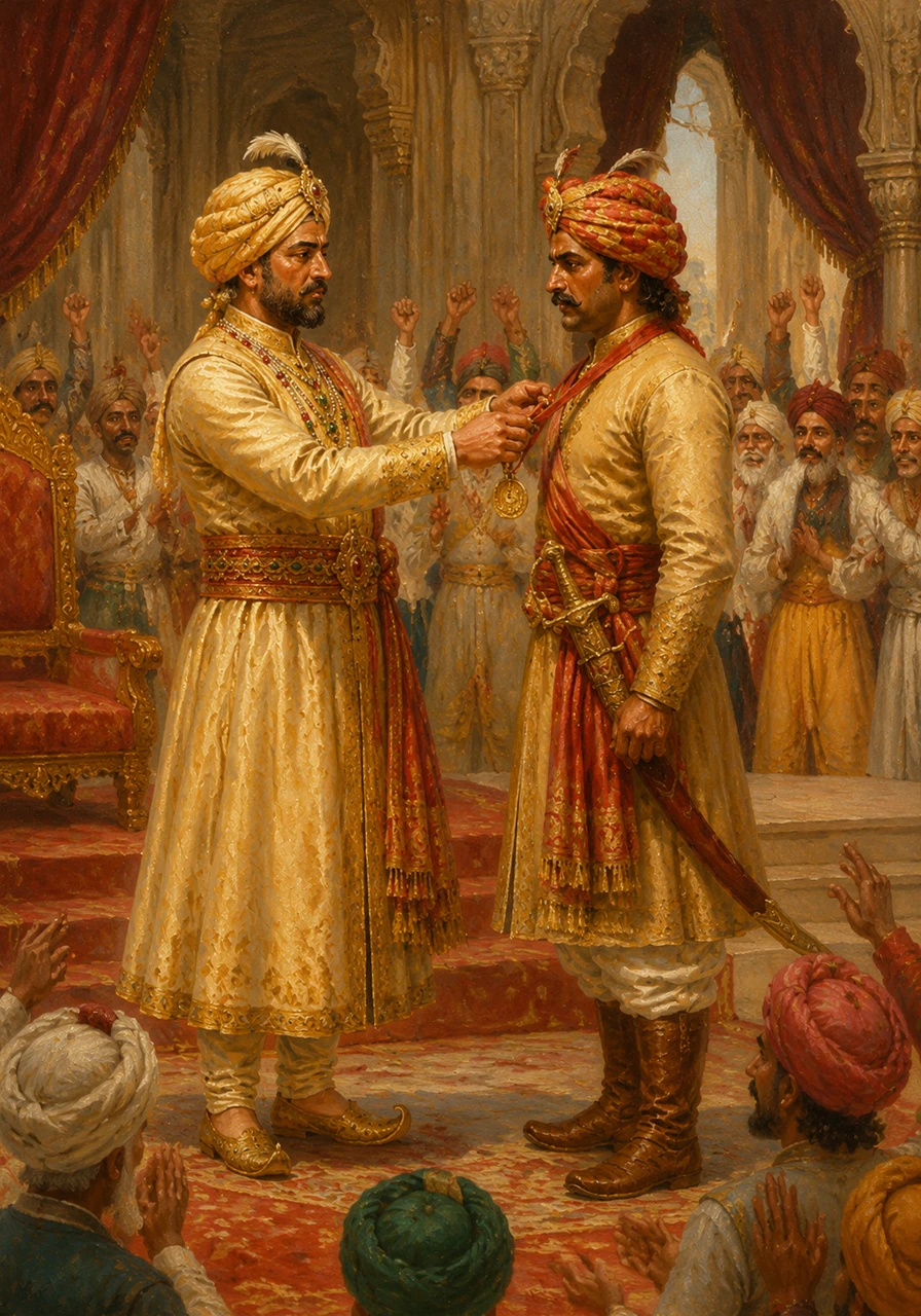 In the grand royal court, the King presented Veer Pratap with a golden medallion and named him the Protector of the State. The people cheered for the hero who had saved their homes, their families, and their honor.
