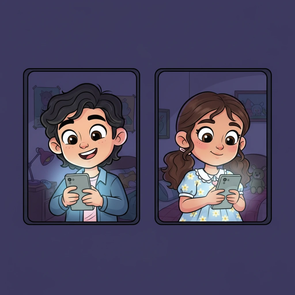 Late into the night, split screens glow with their faces, illuminated by phone light. Aarush with a playful grin, Pranjali with a soft smile, their fingers flying across keypads as casual texts evolve into deep, laughter-filled conversations that stretch until 4 a.m.